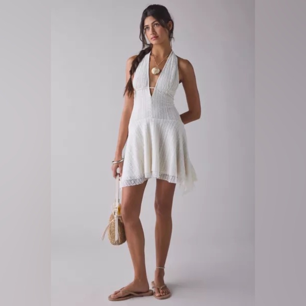 Urban Outfitters Lauren Plunging Halter Tie-Back Lace Mini Dress